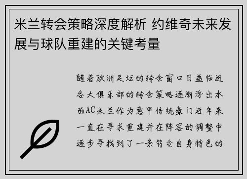 米兰转会策略深度解析 约维奇未来发展与球队重建的关键考量